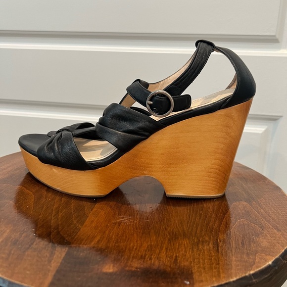 Coach Strappy Platform Sandal Black Leather Wood Wedge Clog Heel Size 10 READ - Picture 3 of 11